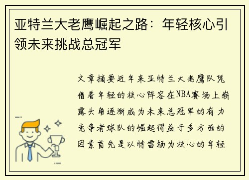 亚特兰大老鹰崛起之路：年轻核心引领未来挑战总冠军
